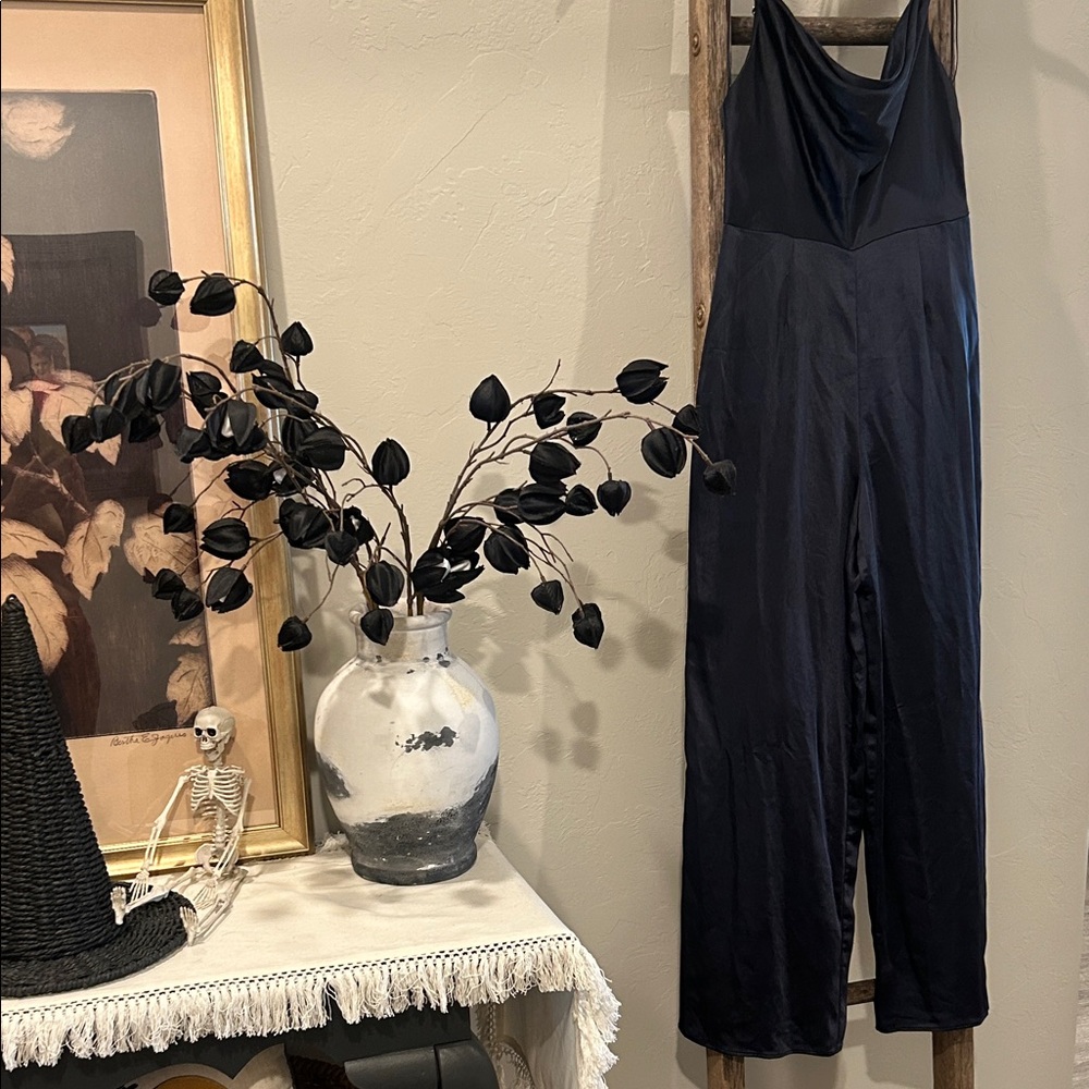 Lush Dark Navy Blue Satin Jumpsuit Size Small